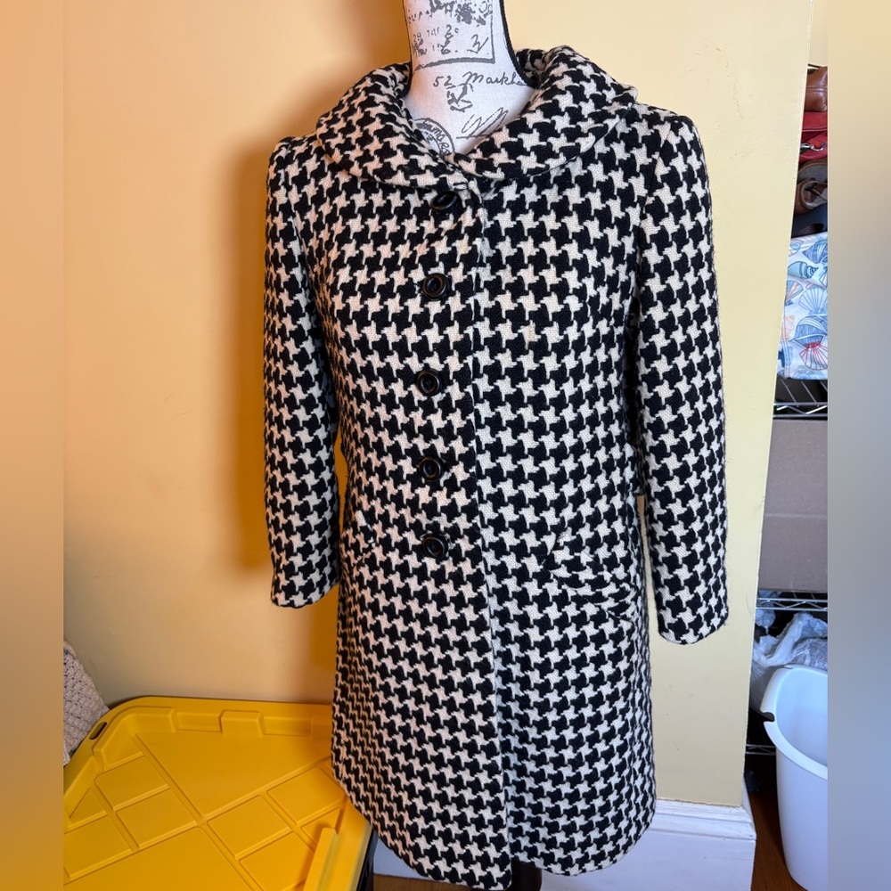 Vintage Sears Junior Bazaar Houndstooth Wool Coat 1960s Mod Overcoat